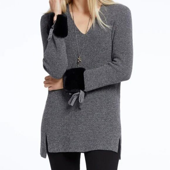 NIC+ZOE Chunky Knit V Neck Tunic Sweater w/Tassel Faux Fur Sleeve Cuffs - Sz Med - Picture 1 of 9